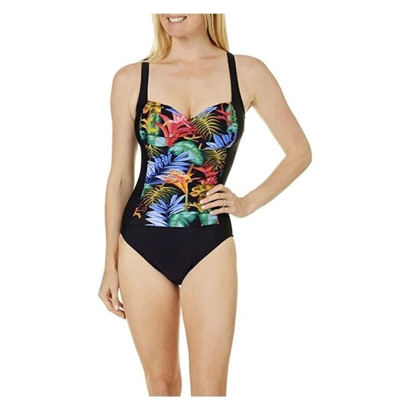 Maxine of Hollywood Women's size 8 Front Shirred One Piece Swimsuit Black Floral - Picture 1 of 12